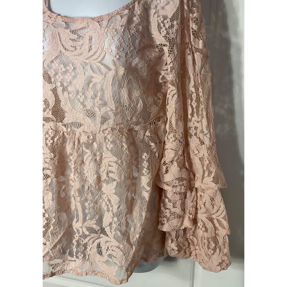 Suzanne Betro Pink Sheer Lace Babydoll Top With Layered Lace Sleeve L - Picture 3 of 7